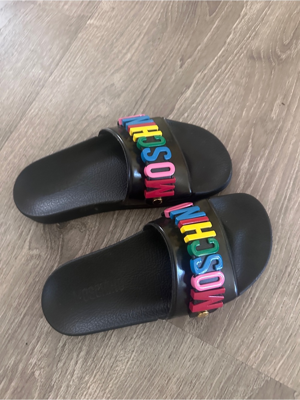 Moschino Black women’s  Slide Sandals with Multicolor Logo Letters